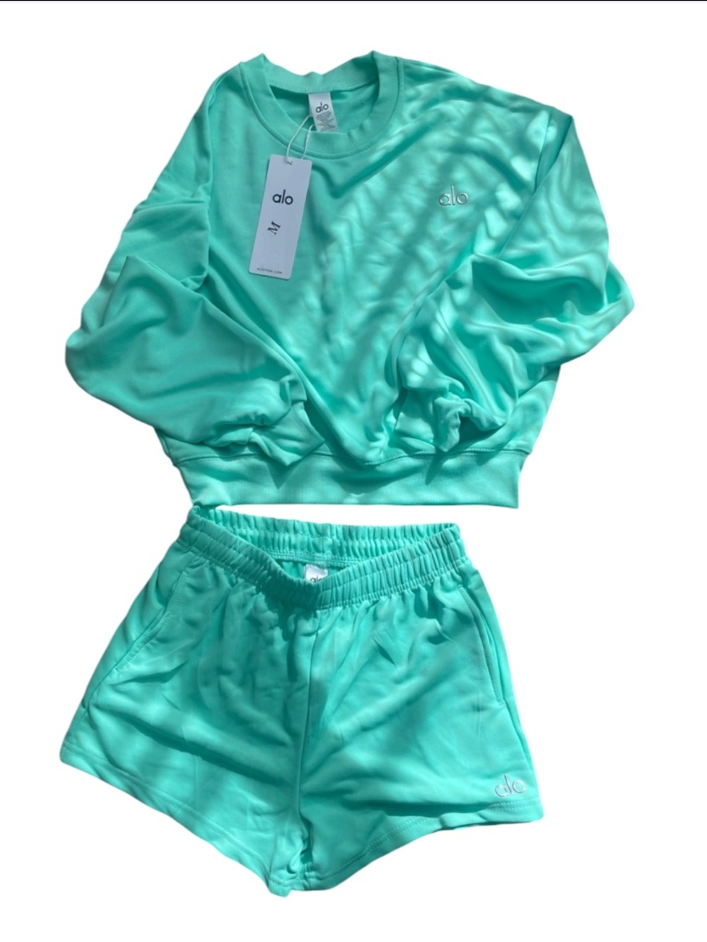 ALO Yoga Mint Green Cropped Sweatshirt and Elastic Waist Shorts Set